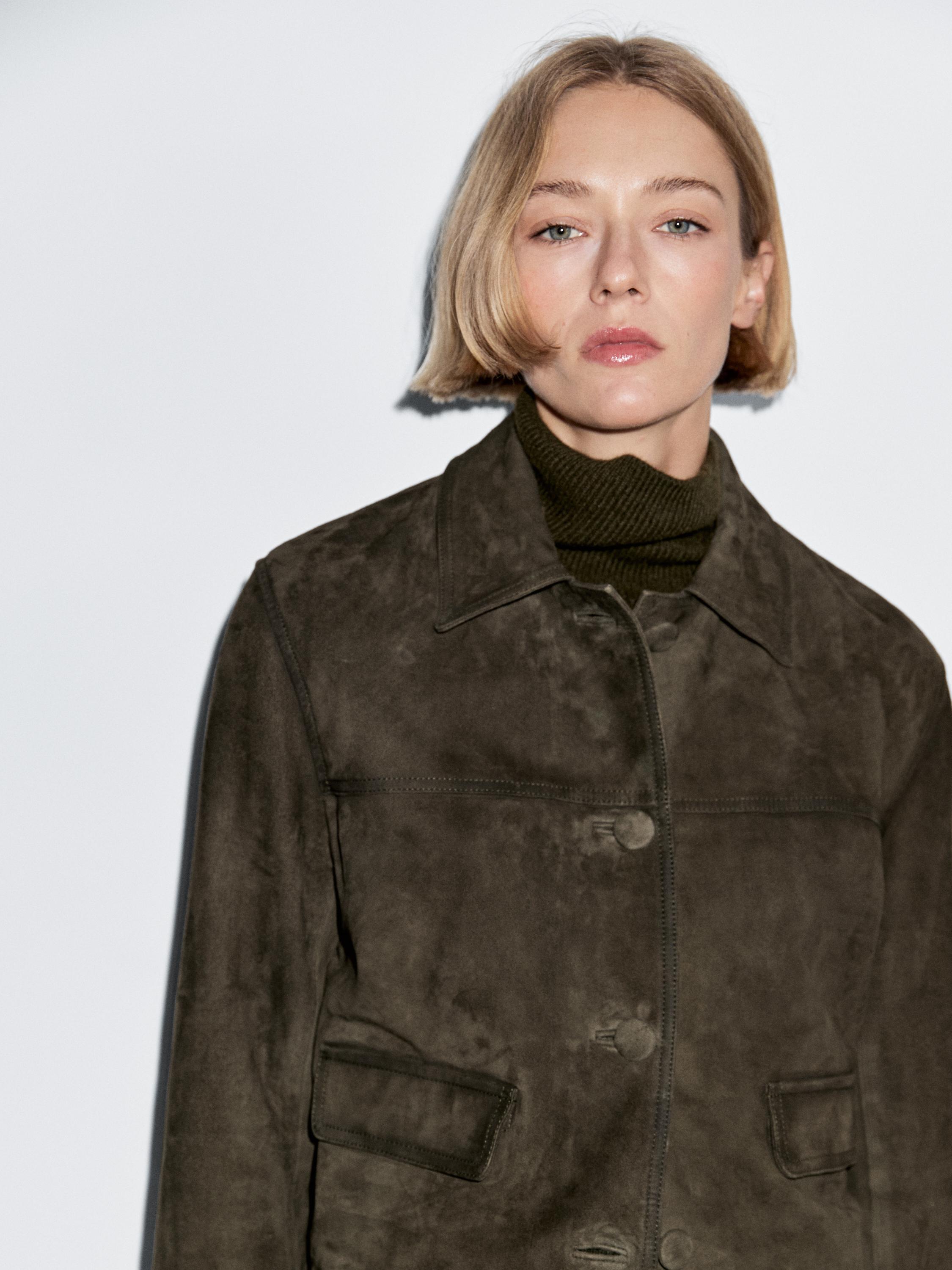 Veste en cuir effet daim avec boutons recouverts